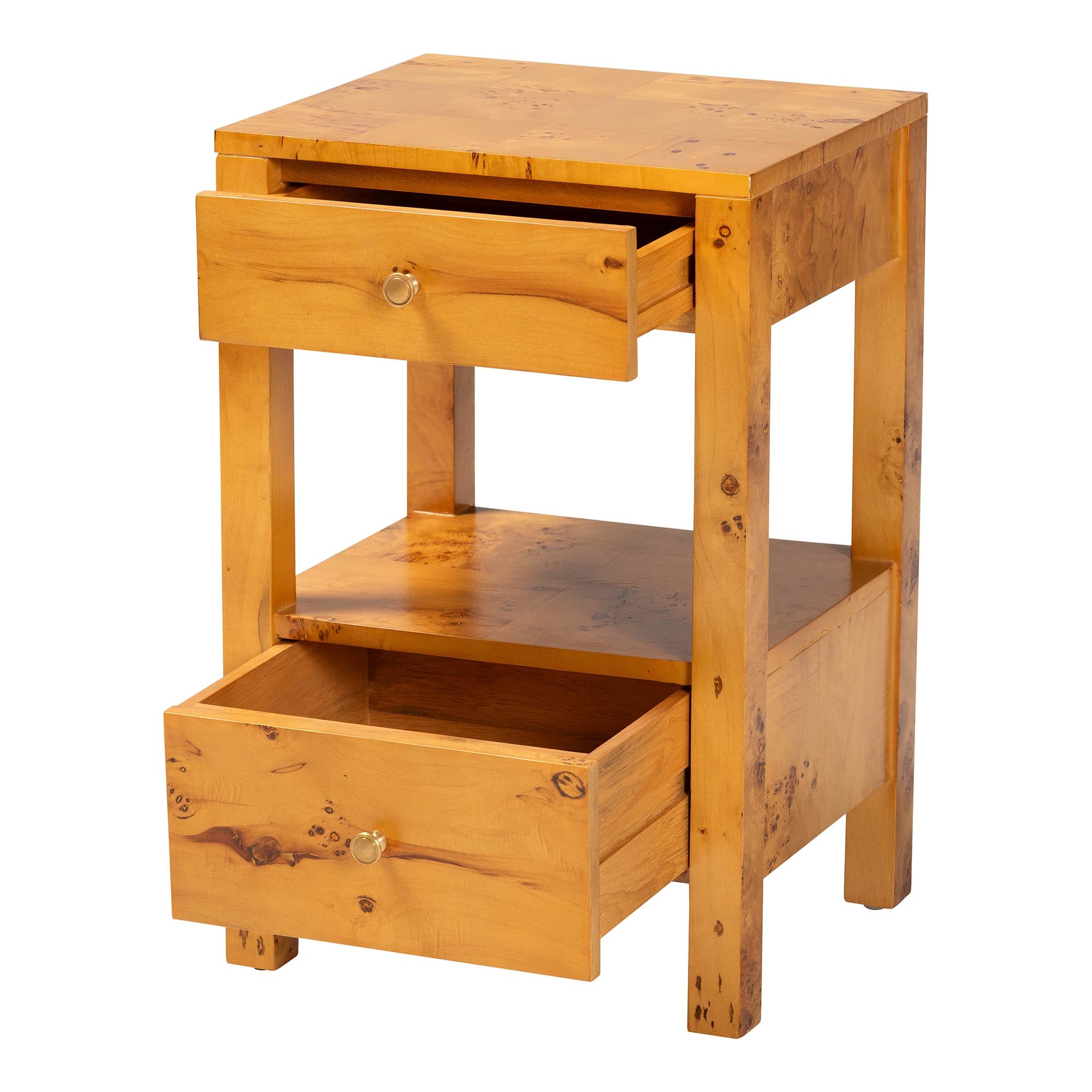 Azmi Modern and Contemporary Natural Light Mappa Real Burl Wood 2-Drawer Nightstand
