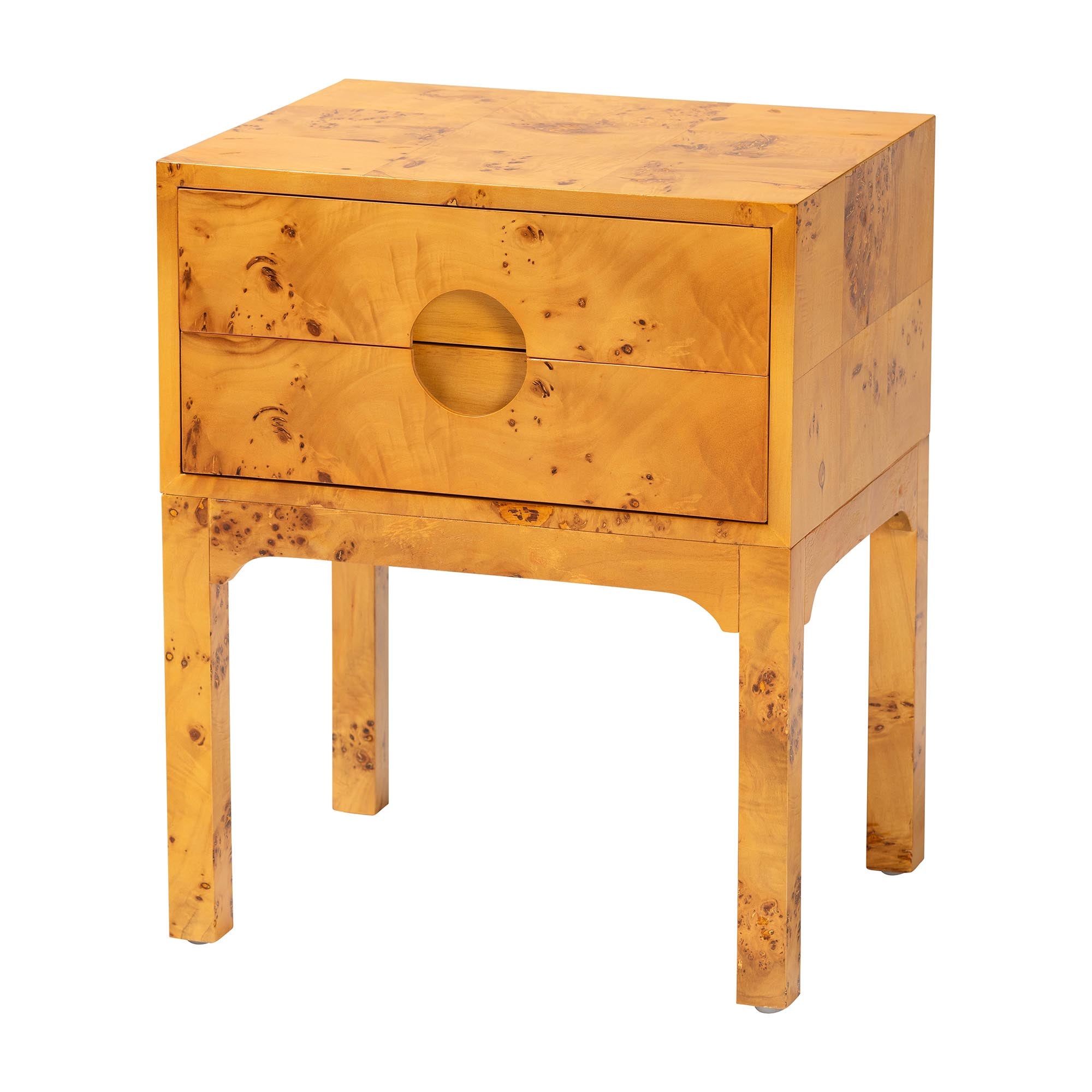 bali & pari Kayla Modern and Contemporary Natural Light Mappa Real Burl Wood 2-Drawer Nightstand