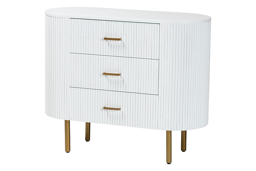 bali & pari Beyla Mid-Century White Fluted Wood and Gold Metal 3-Drawer Dresser