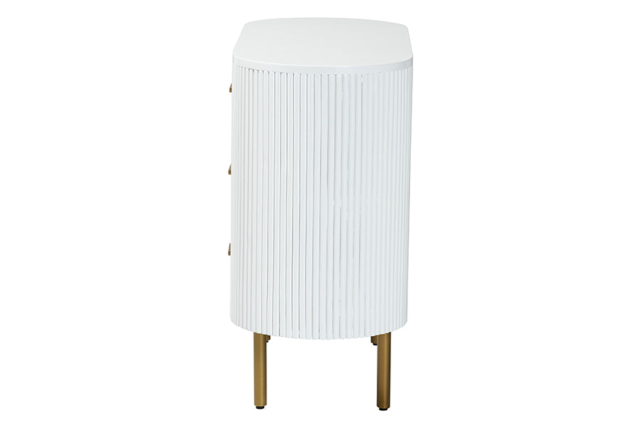 bali & pari Beyla Mid-Century White Fluted Wood and Gold Metal 3-Drawer Dresser