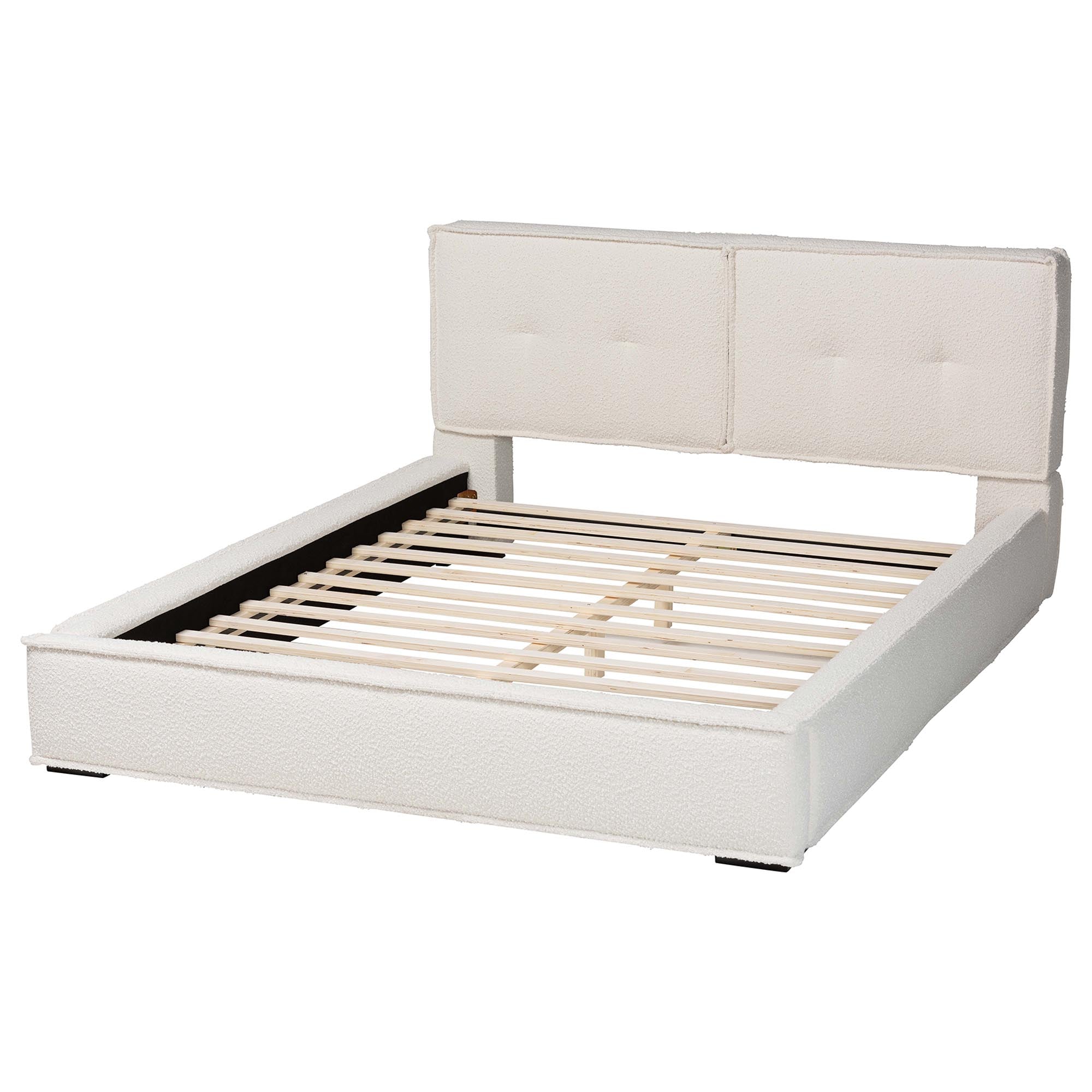 Laverick Modern Cream Boucle Queen Platform Bed with Border Piping