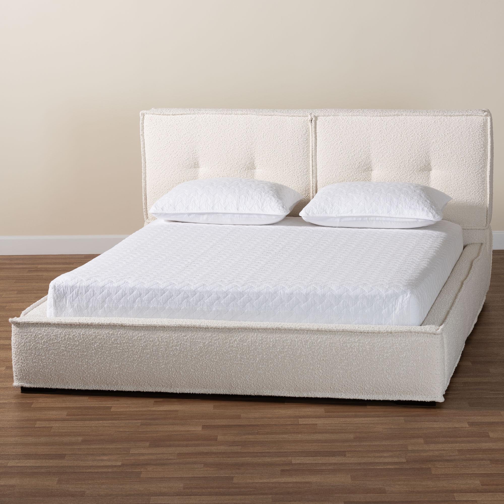 Laverick Modern Cream Boucle Queen Platform Bed with Border Piping