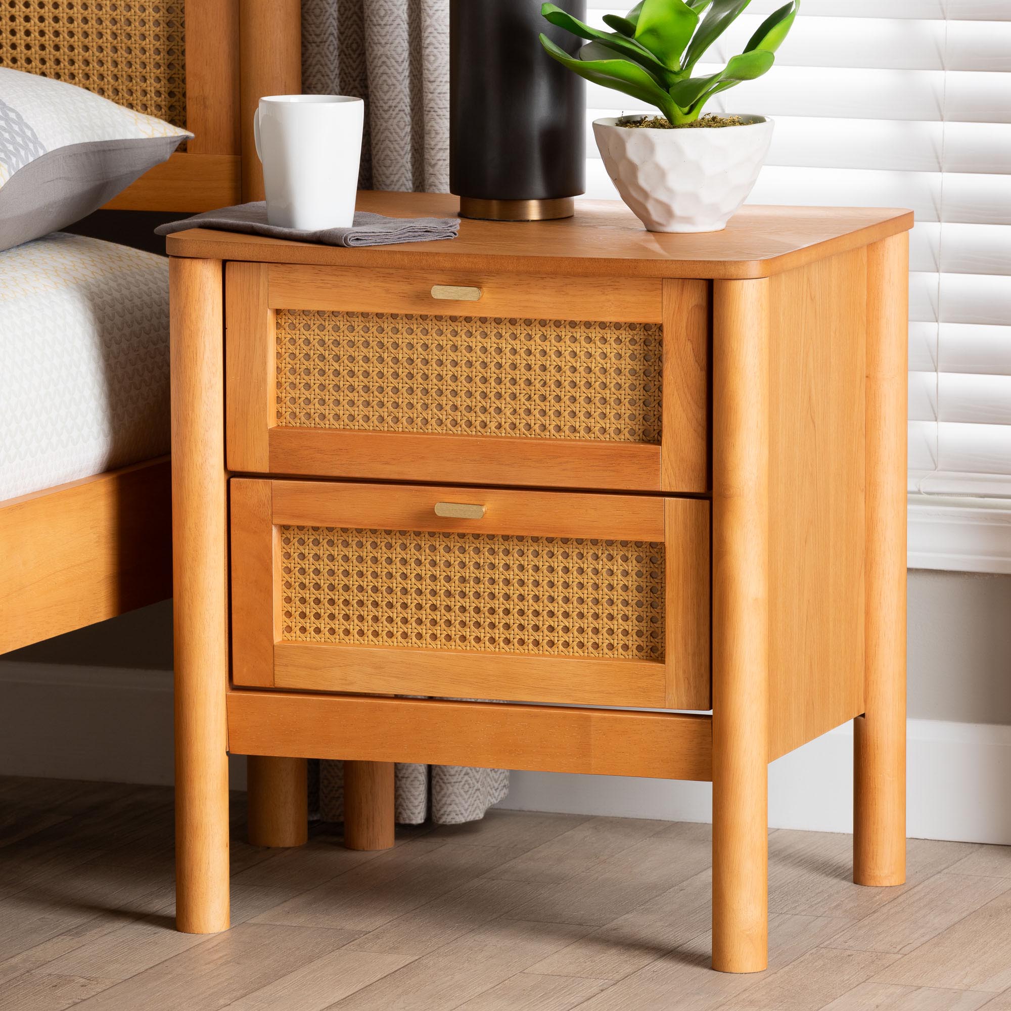 Jenn Golden Brown Wood Japandi 2-Drawer Nightstand with Distressed-Finished Rattan