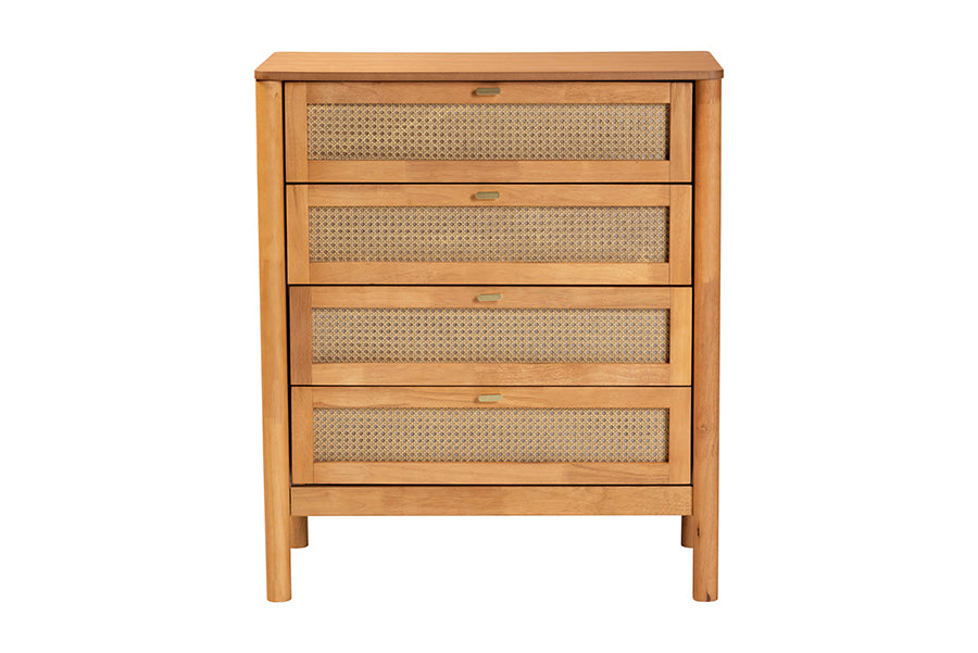 Jenn Golden Brown Wood Japandi 4-Drawer Chest with Distressed-Finished Rattan