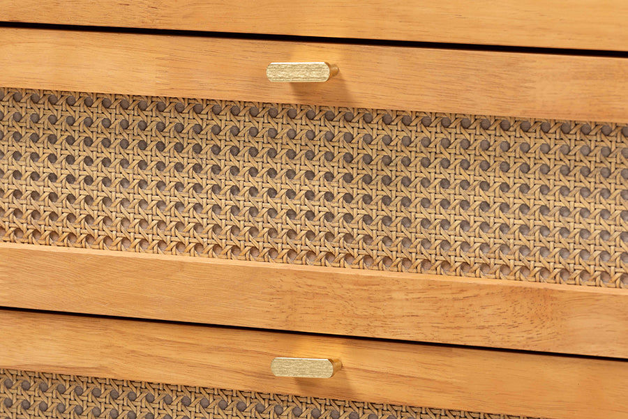 Jenn Golden Brown Wood Japandi 4-Drawer Chest with Distressed-Finished Rattan