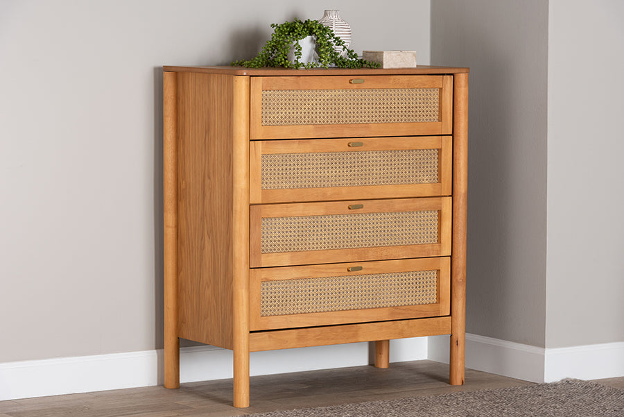 Jenn Golden Brown Wood Japandi 4-Drawer Chest with Distressed-Finished Rattan