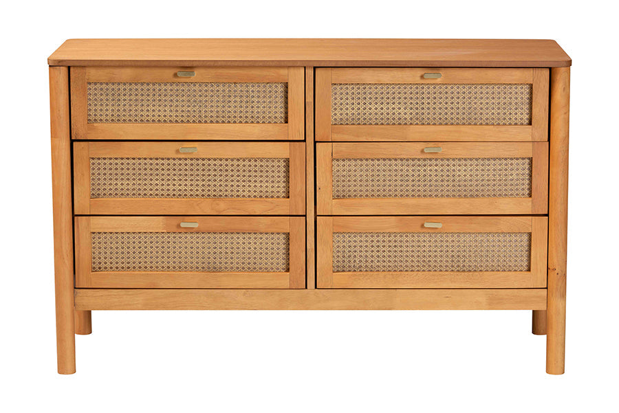 Jenn Golden Brown Wood Japandi 6-Drawer Dresser with Distressed-Finished Rattan