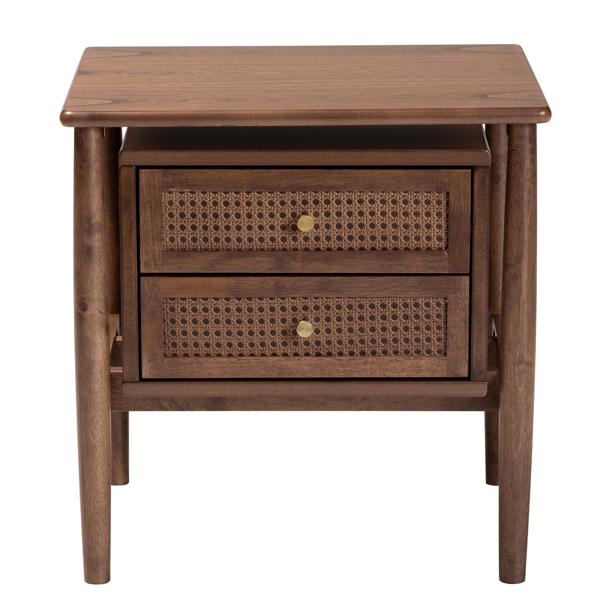Alyssa Japandi Walnut Brown Wood 2-Drawer Nightstand Woven with Rattan