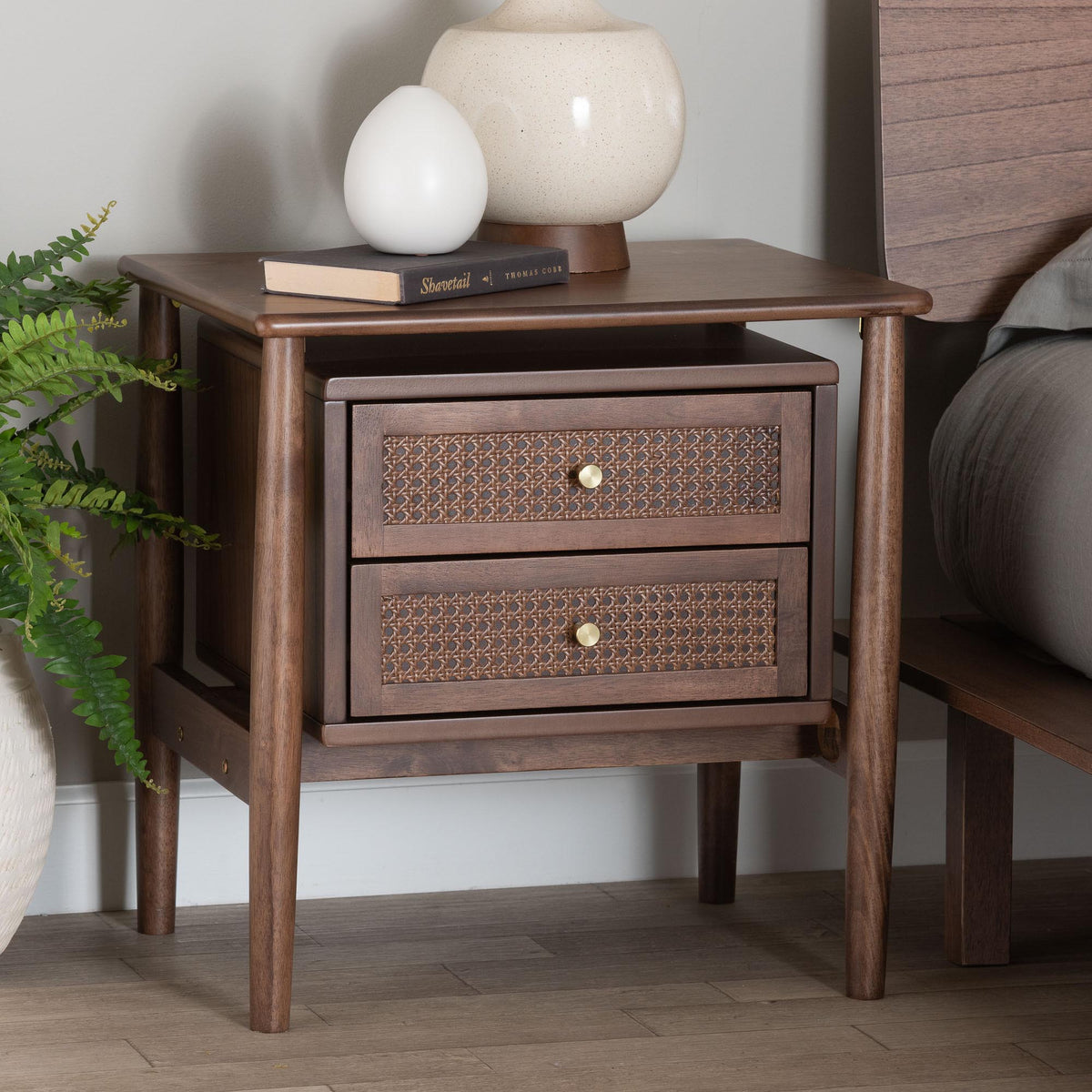 Alyssa Japandi Walnut Brown Wood 2-Drawer Nightstand Woven with Rattan