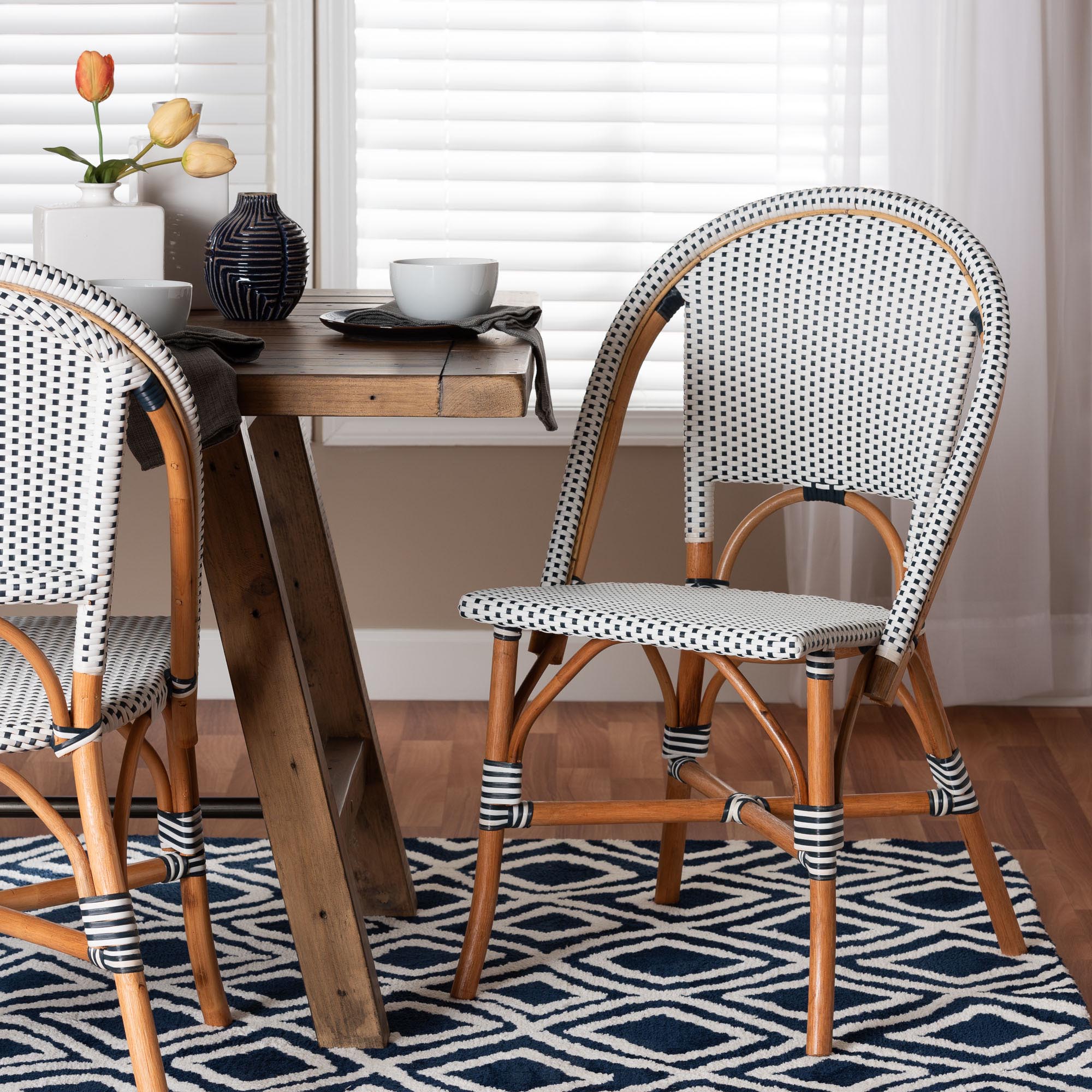 Genica Classic French Two-Tone Navy and White Weaving and Natural Rattan Bistro Chair