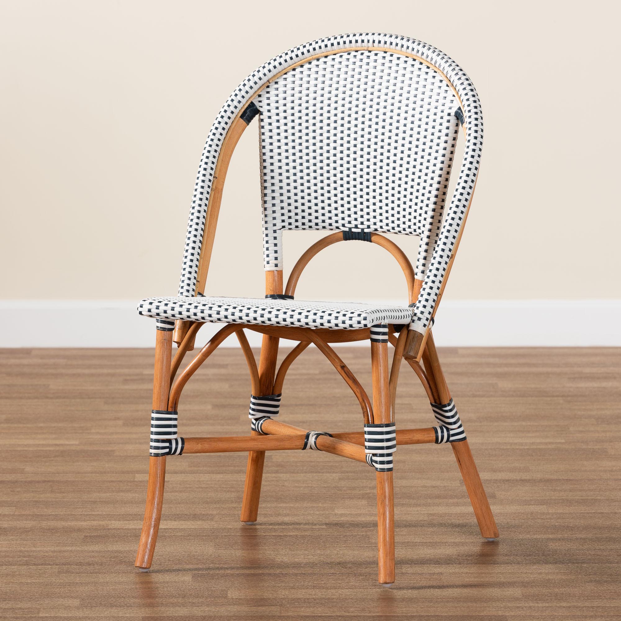 Genica Classic French Two-Tone Navy and White Weaving and Natural Rattan Bistro Chair