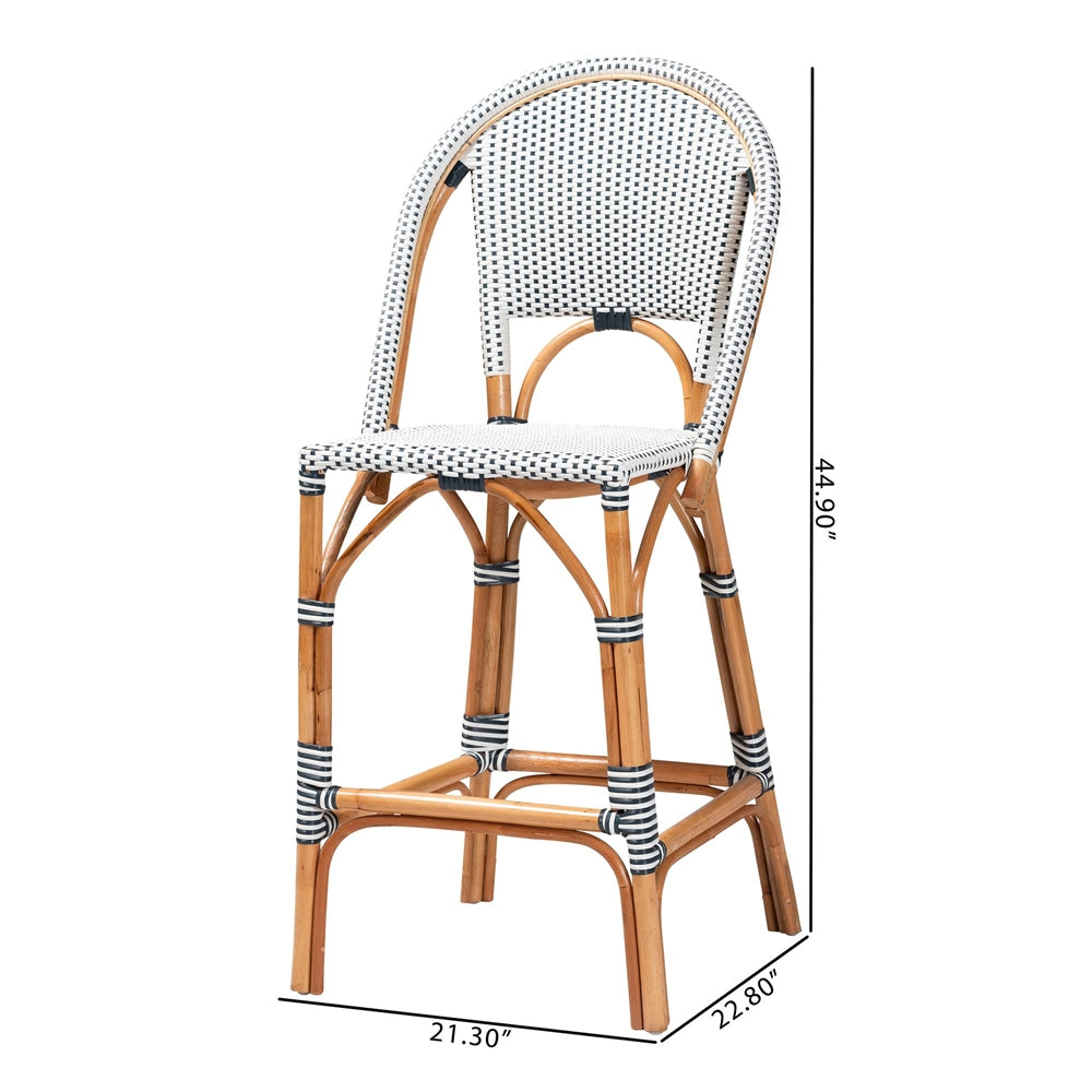 Genica Classic French Two-Tone Navy and White Weaving and Natural Rattan Bar Stool