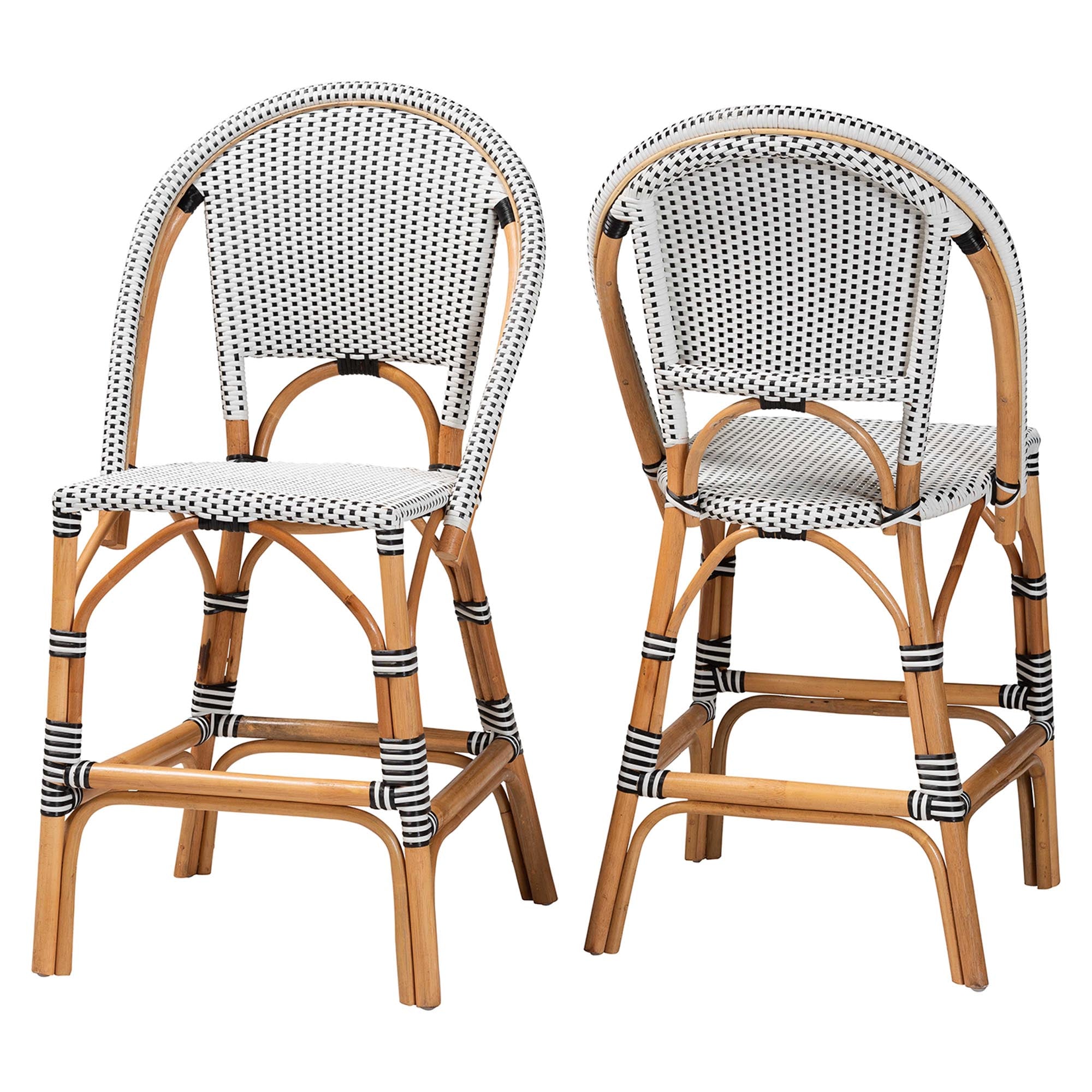 Genica Classic French Two-Tone Black and White Weaving and Natural Rattan 2-Piece Counter Stool Set