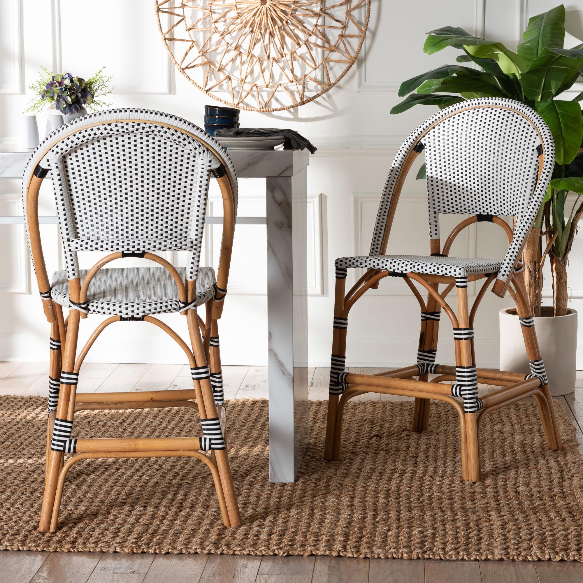 Genica Classic French Two-Tone Black and White Weaving and Natural Rattan 2-Piece Counter Stool Set