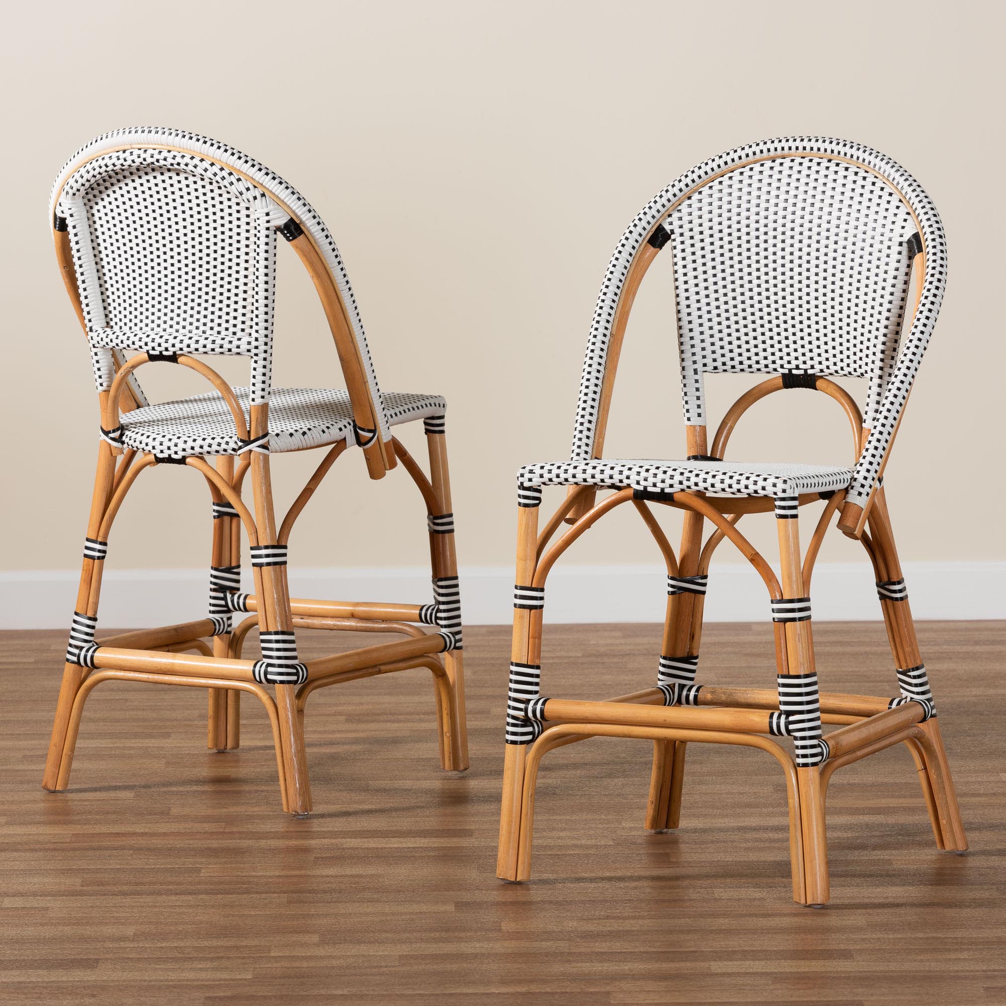 Genica Classic French Two-Tone Black and White Weaving and Natural Rattan 2-Piece Counter Stool Set