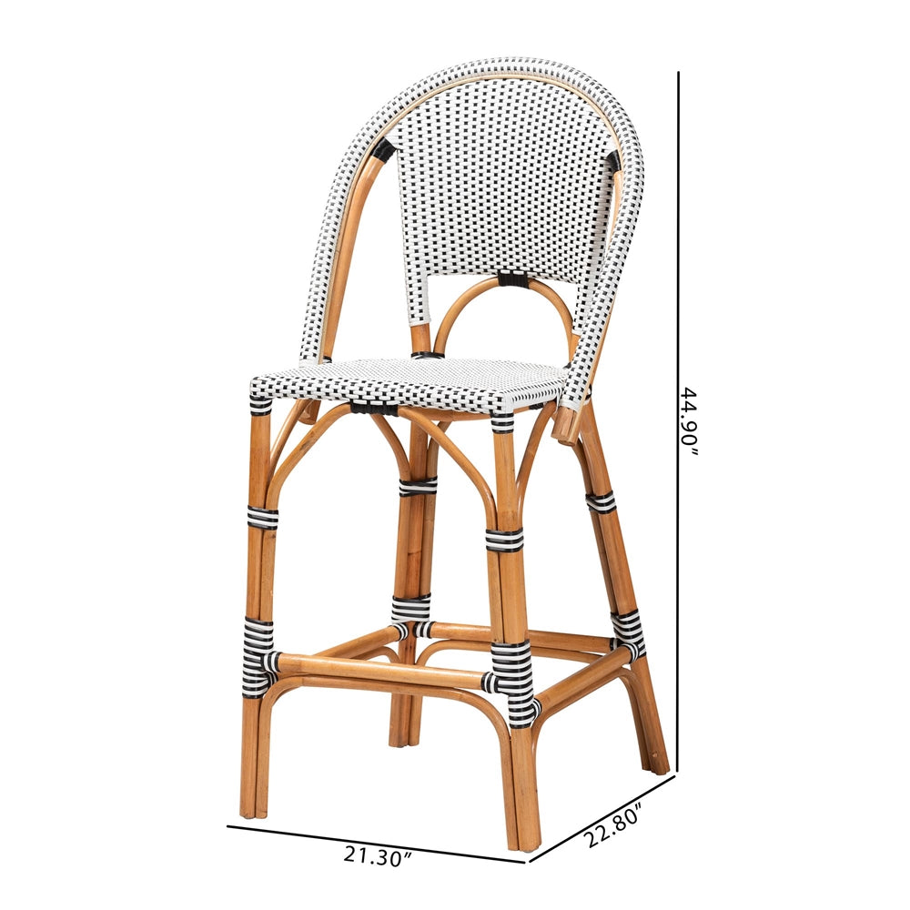 Genica Classic French Two-Tone Black and White Weaving and Natural Rattan Bar Stool