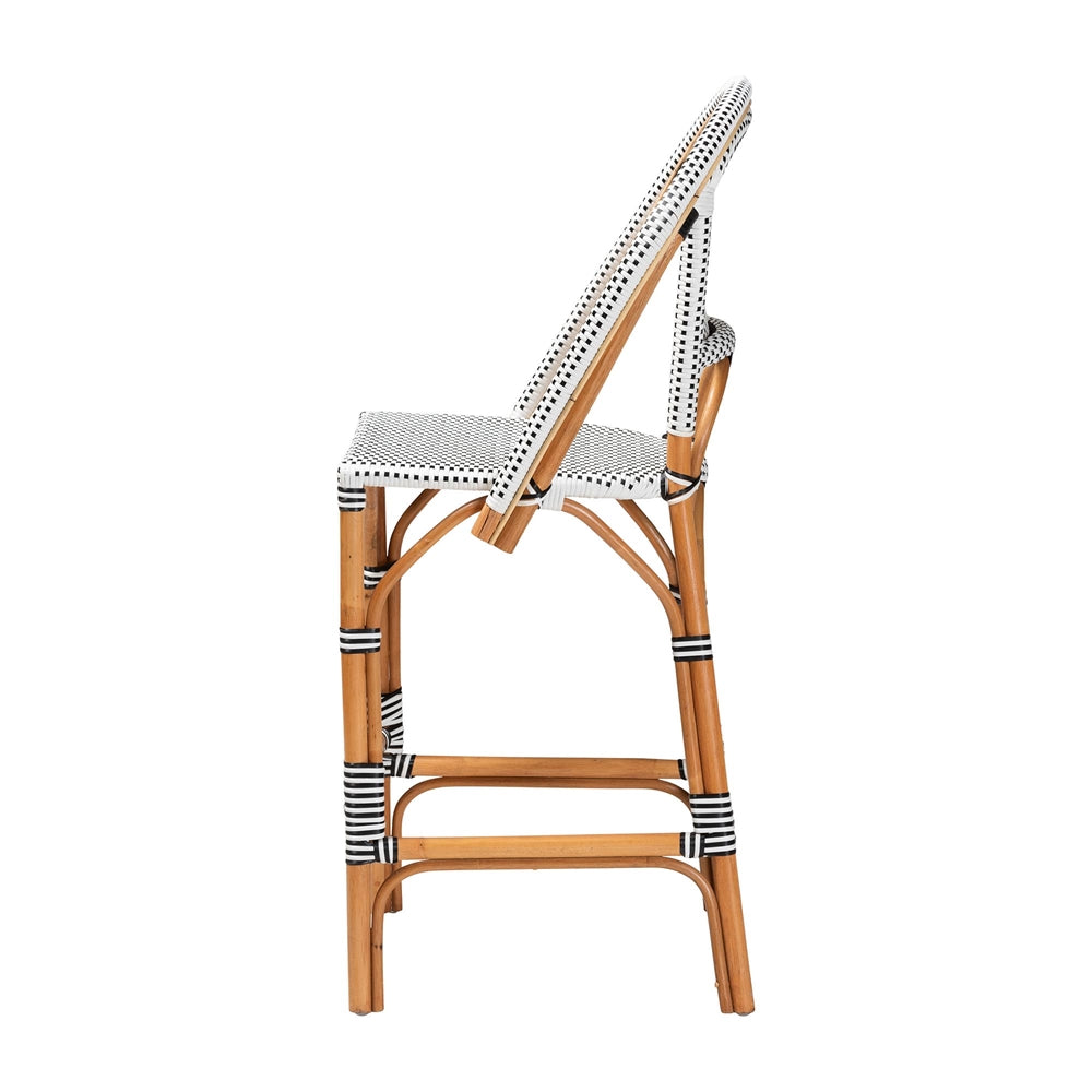 Genica Classic French Two-Tone Black and White Weaving and Natural Rattan Bar Stool
