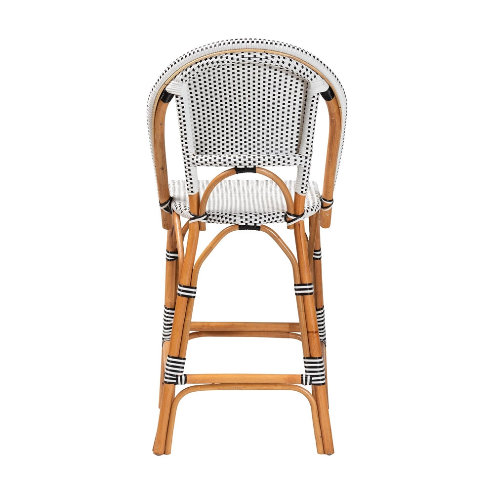 Genica Classic French Two-Tone Black and White Weaving and Natural Rattan Bar Stool