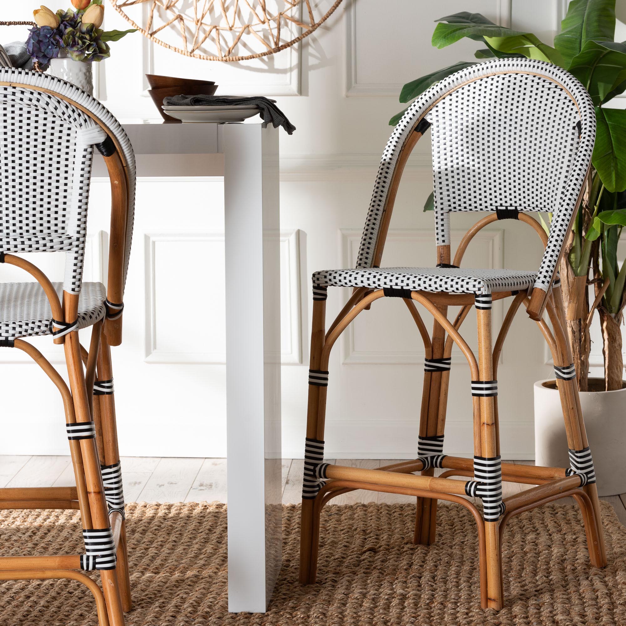 Genica Classic French Two-Tone Black and White Weaving and Natural Rattan Bar Stool