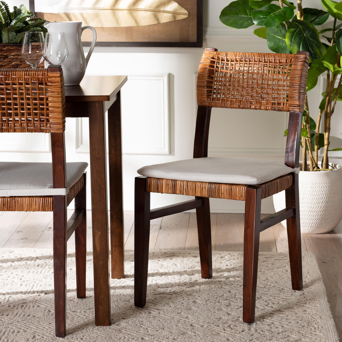Dameka Bohemian Light Honey Rattan and Dark Brown Wood Dining Chair