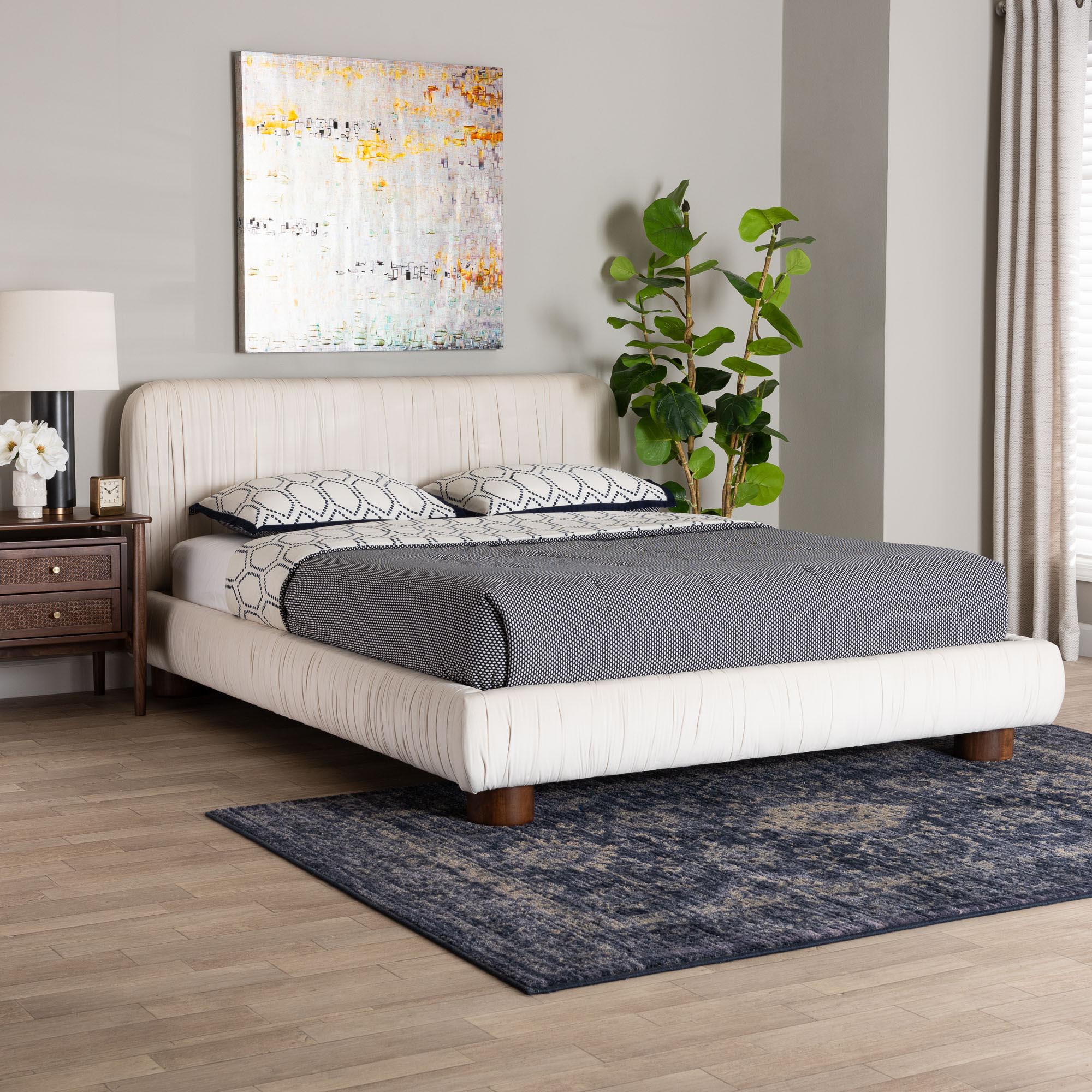 Emsley Ivory Pleated Velvet Queen Size Platform Bed