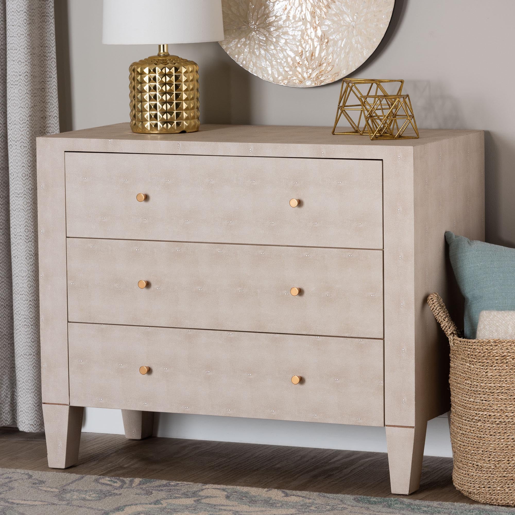 Leyna Modern Beige Faux Shagreen 3-Drawer Storage Cabinet