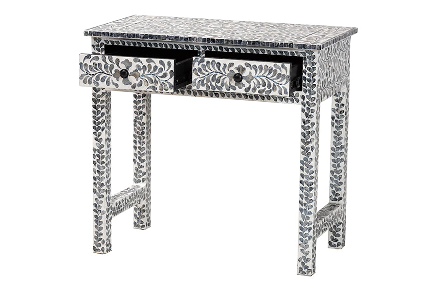 Diata Coastal Black and White Mother of Pearl Capiz Shell 2-Drawer Console Table
