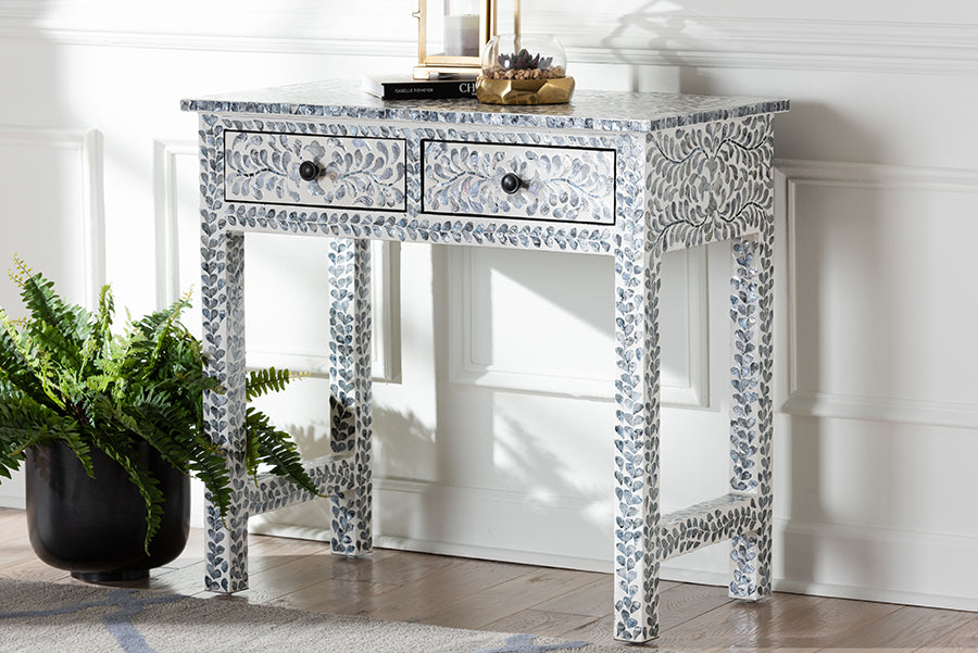 Diata Coastal Black and White Mother of Pearl Capiz Shell 2-Drawer Console Table