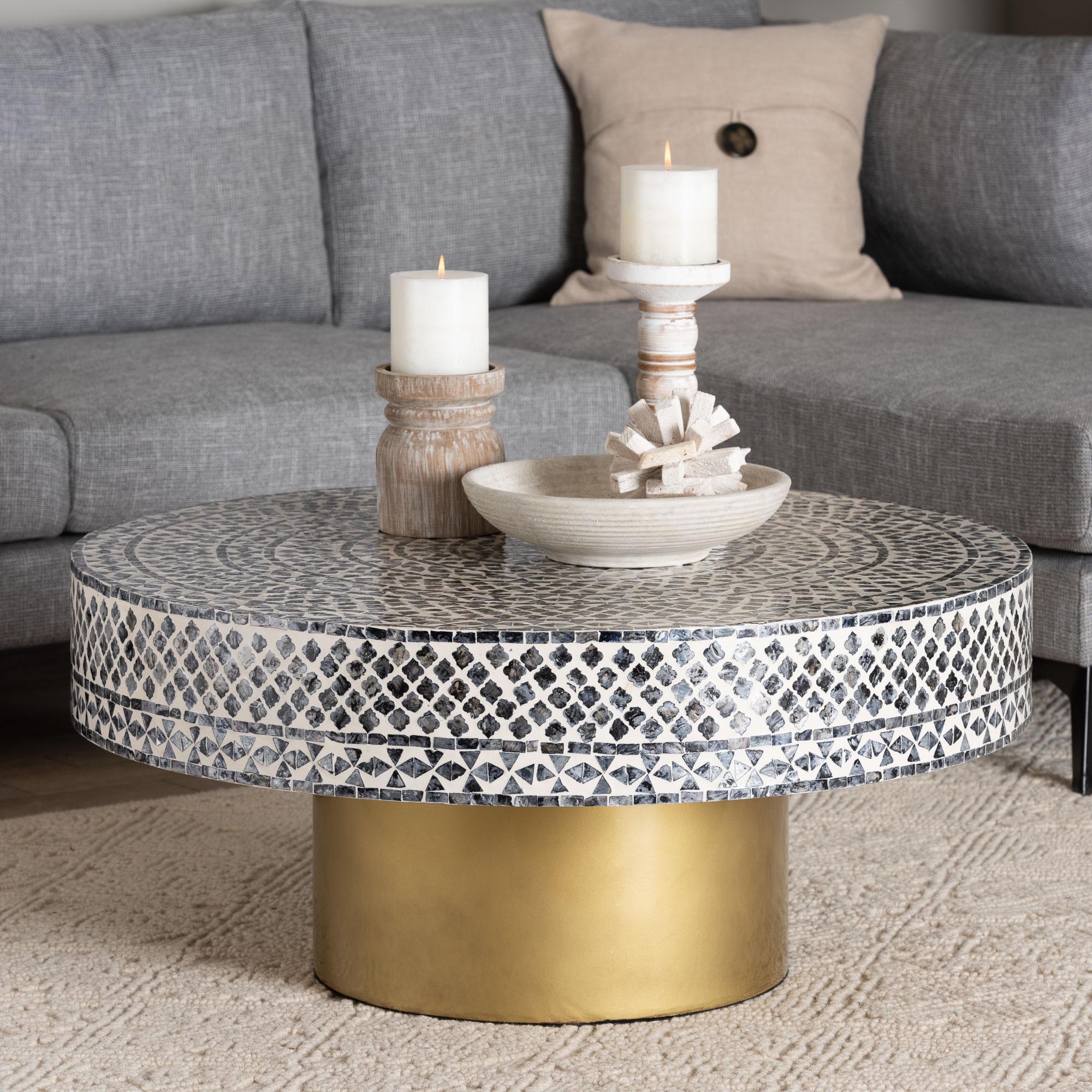Idra Coastal Black and White Mother of Pearl Capiz Shell Coffee Table