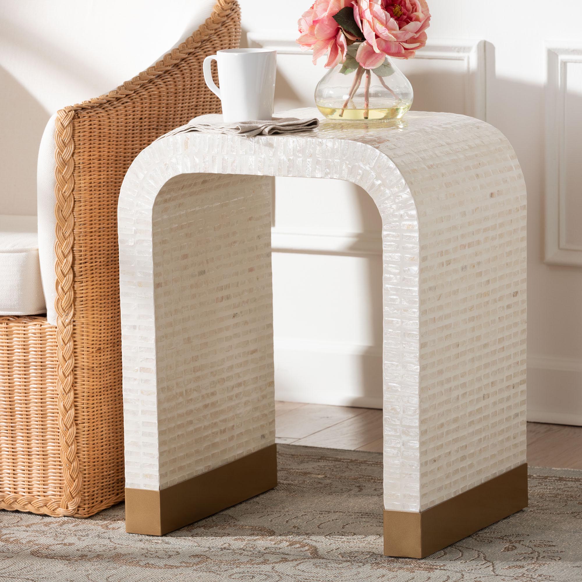 Carlyn Coastal Beige and White Mother of Pearl Capiz Shell End Table
