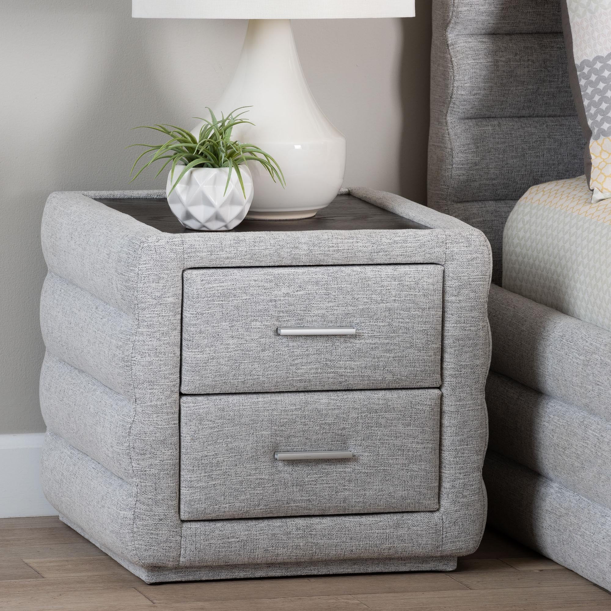 Cadmus Modern Light Grey Channel-Tufted Fabric 2-Drawer Nightstand
