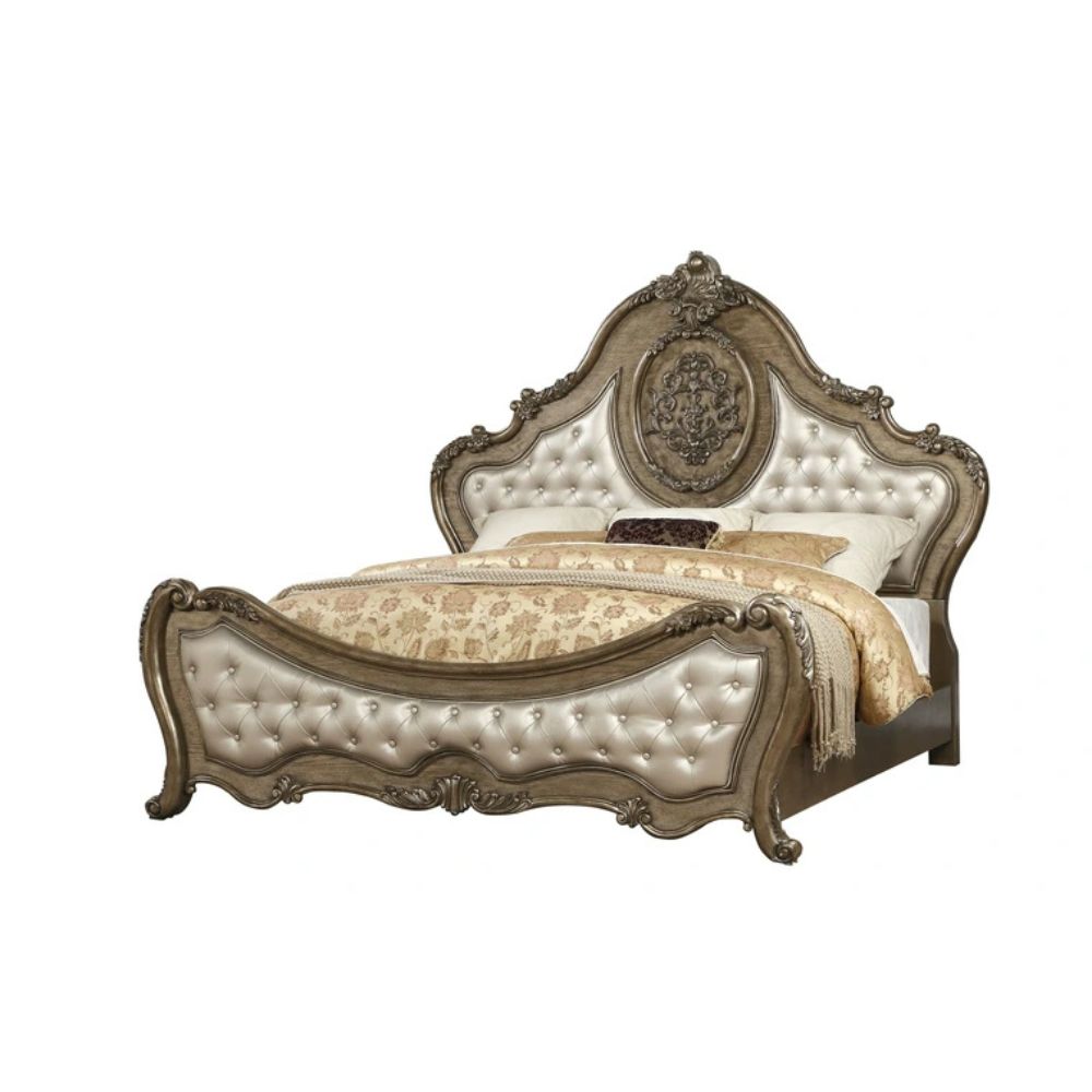 Zaire Ragenardus Cal King Vintage Oak Leather Bed – Baroque Carved Style