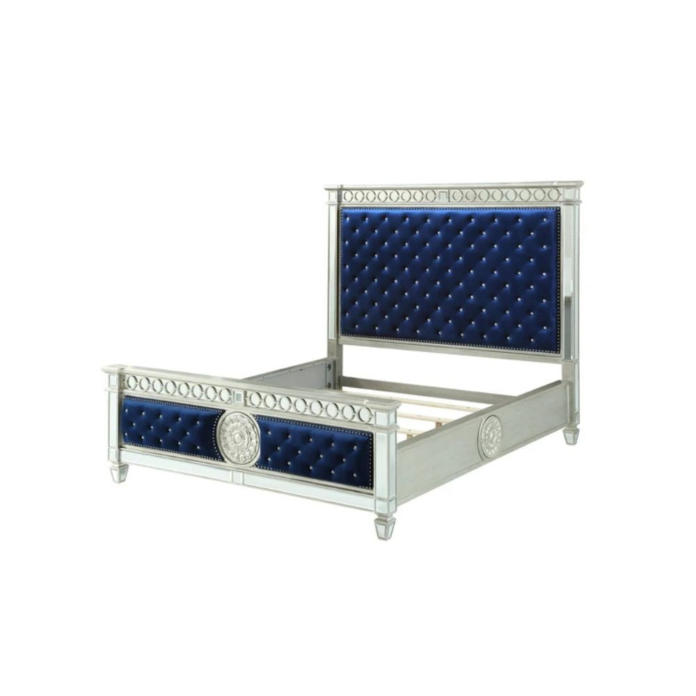 Arjan Varian Collection Queen Blue Velvet Bed – LED Headboard & Silver Mirrored Finish