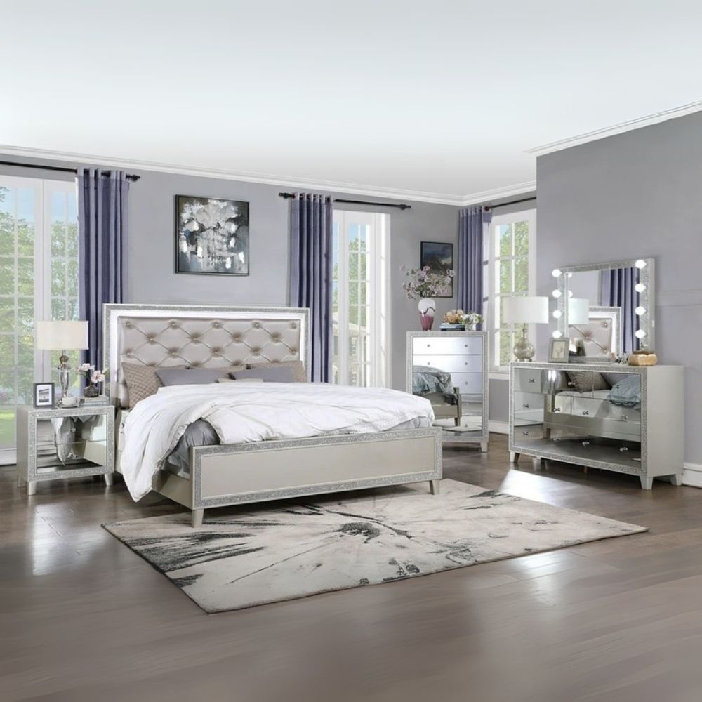 Vienna Sliverfluff King Bed – Champagne Leather, LED Lighting & Storage