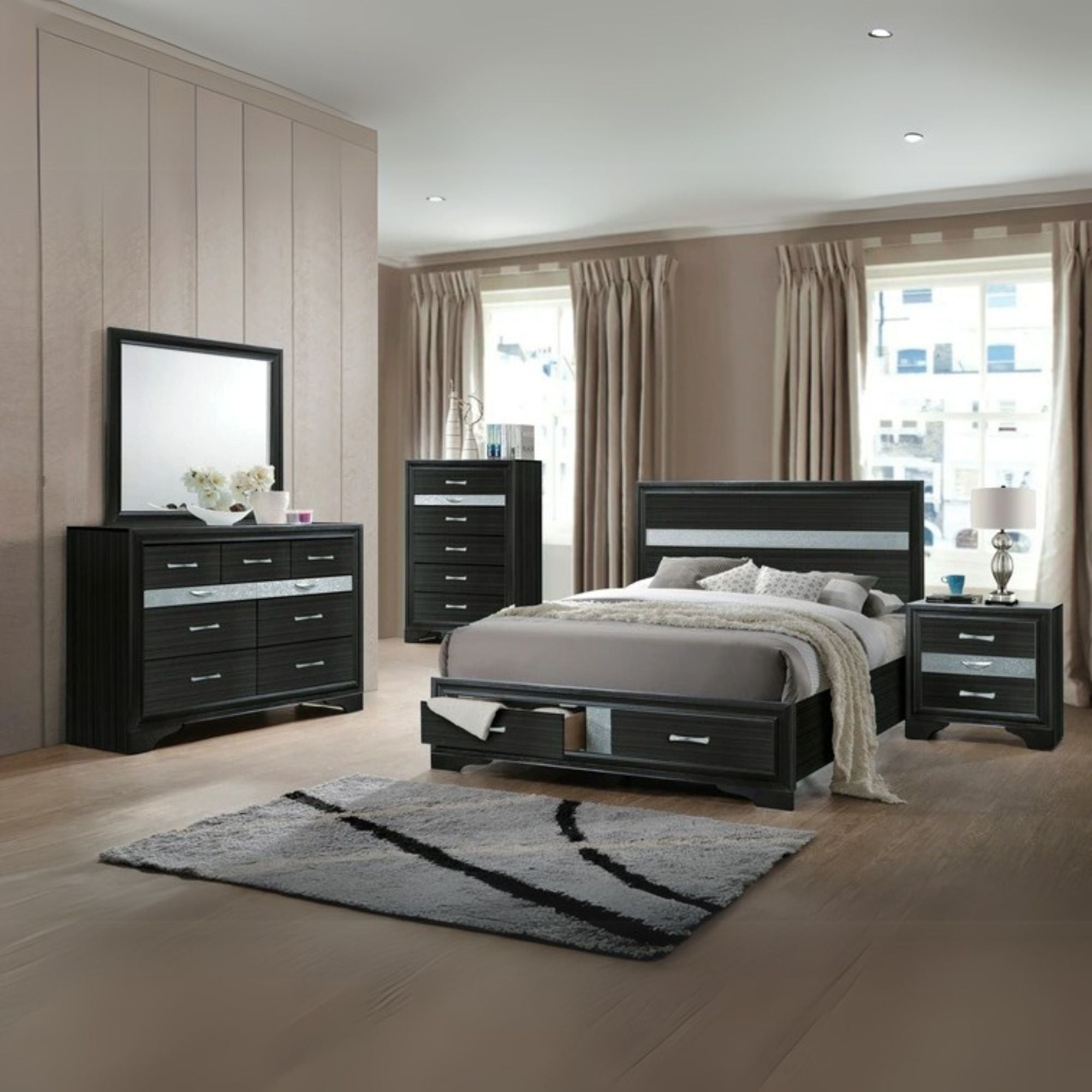 Banu Naima Queen Black Wood Bed with Storage – Modern High Gloss Finish