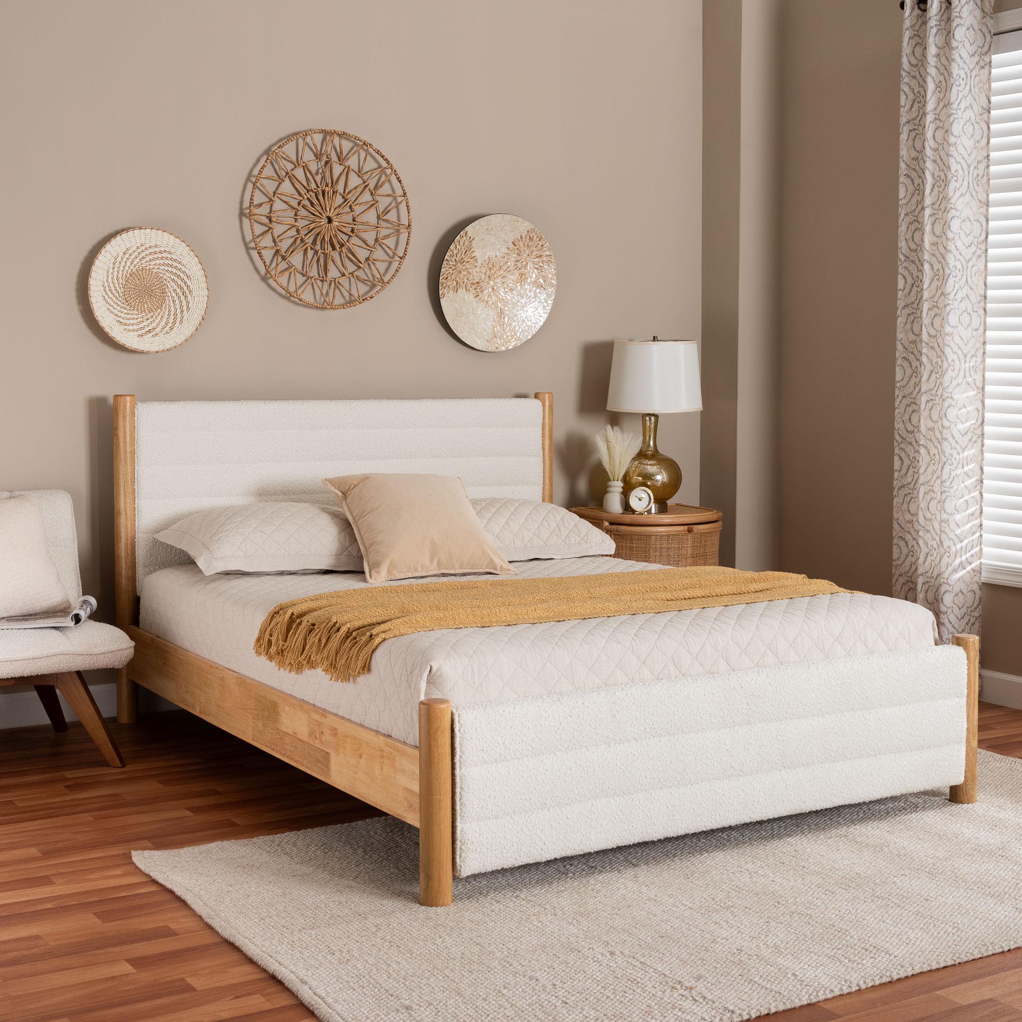Eilert Modern Cream Boucle and Oak Brown Wood Queen Bed