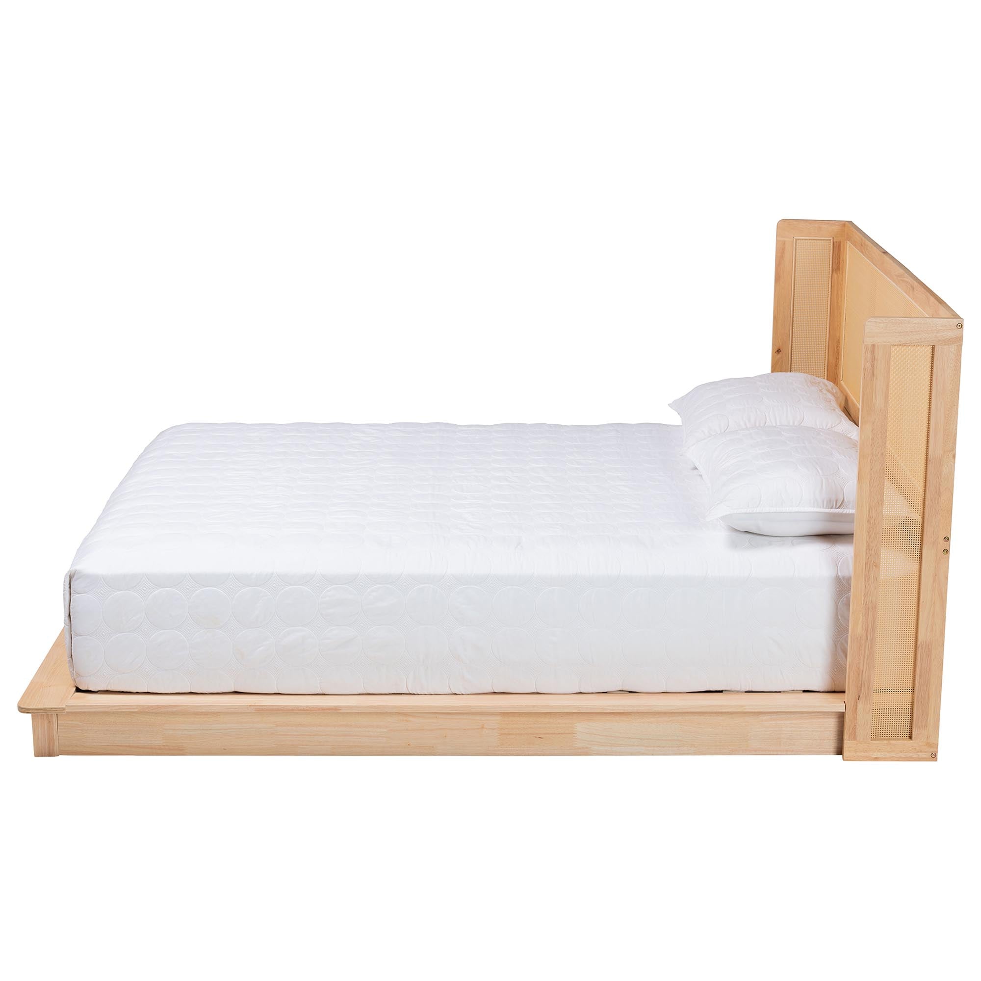 Glennis Japandi Natural Brown Wood Queen Size Platform Bed with Woven Rattan