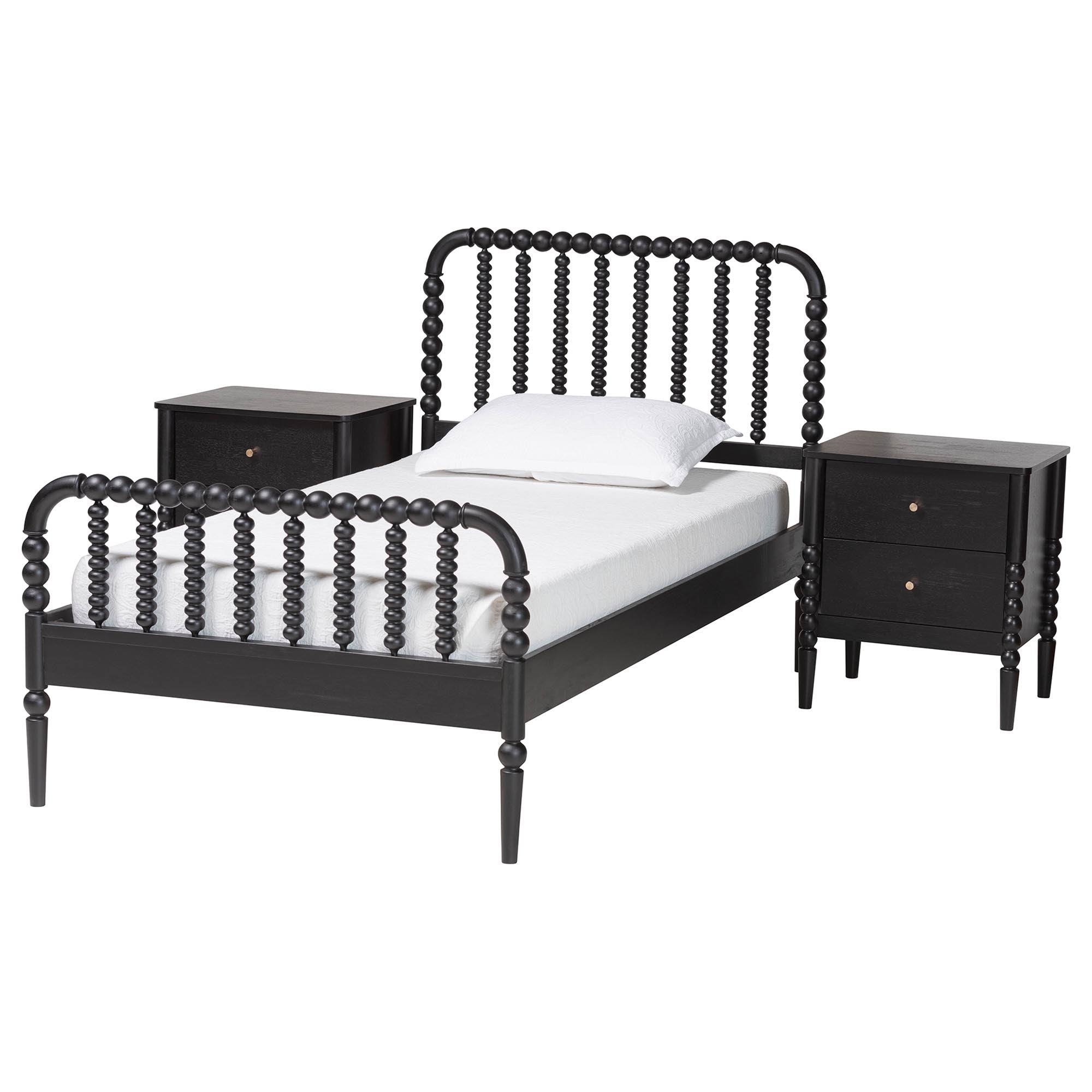 Baxton Studio Lucera Mid-Century Black Full Size 3-Piece Bobbin Bedroom Set