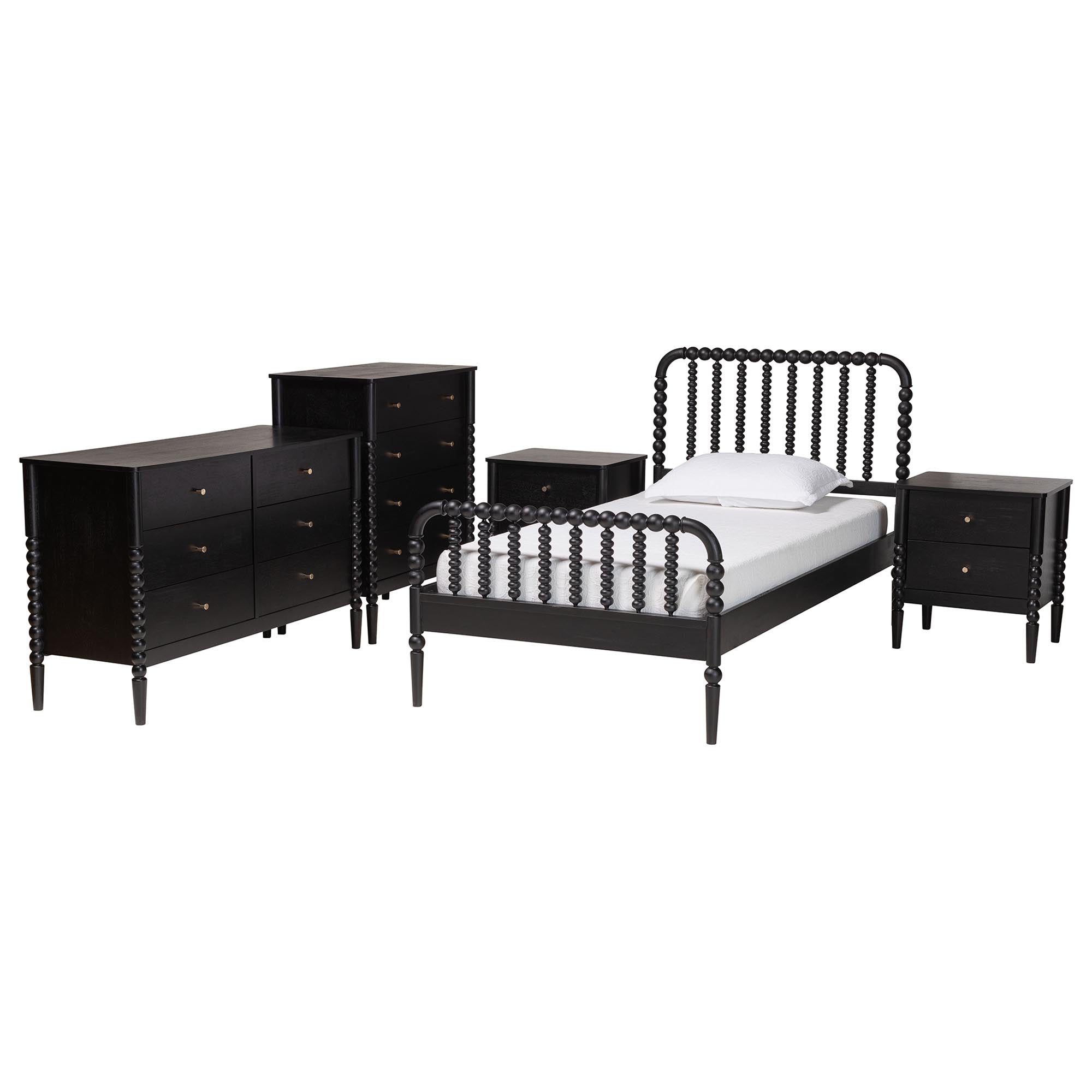 Baxton Studio Lucera Mid-Century Black Full Size 5-Piece Bobbin Bedroom Set