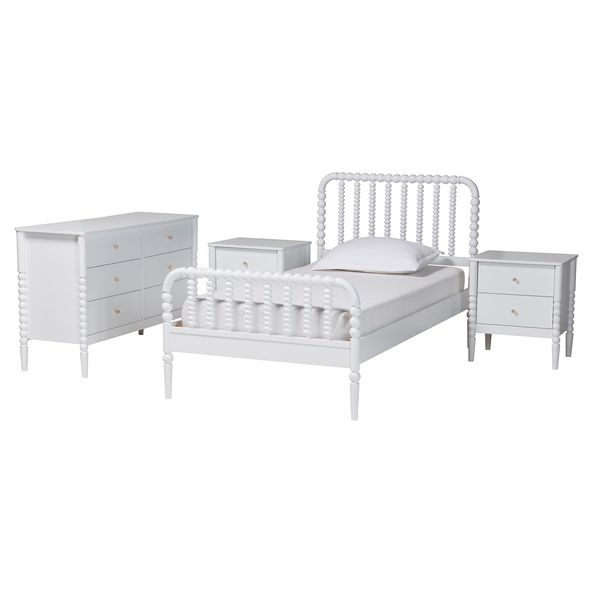 Baxton Studio Lucera Mid-Century White Twin Size 4-Piece Bobbin Bedroom Set
