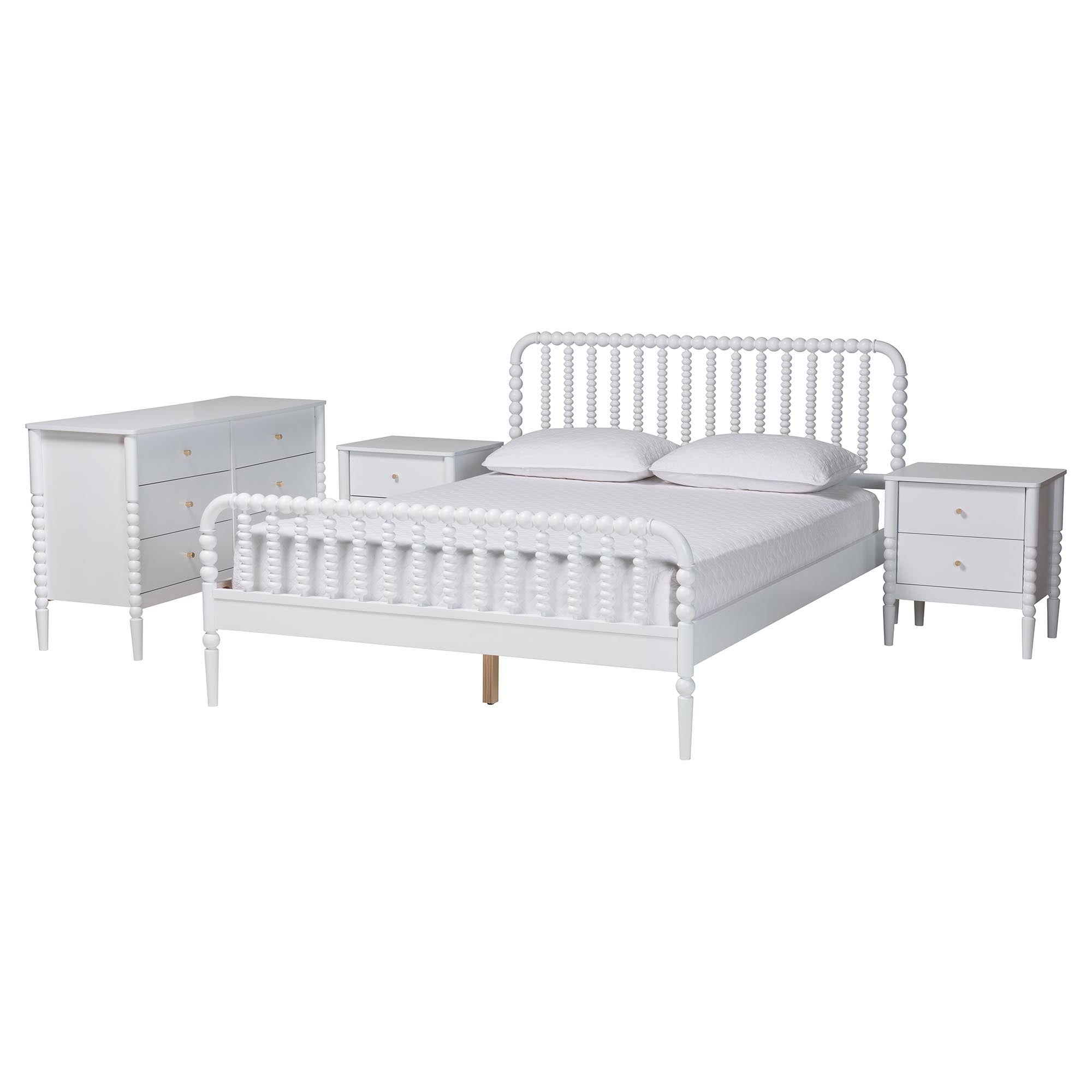 Baxton Studio Lucera Mid-Century White Queen Size 4-Piece Bobbin Bedroom Set