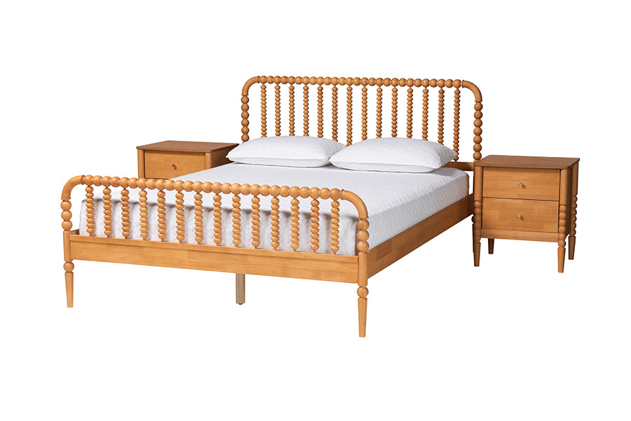 Lucera Mid-Century Oak Brown Queen Size 3-Piece Bobbin Bedroom Set