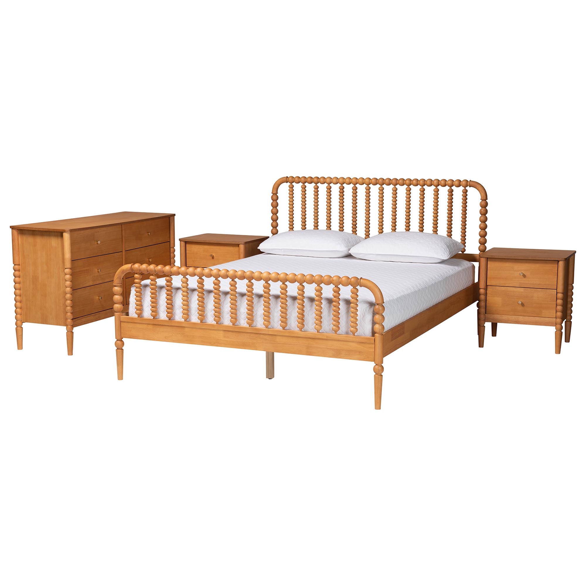 Lucera Mid-Century Oak Brown Queen Size 4-Piece Bobbin Bedroom Set