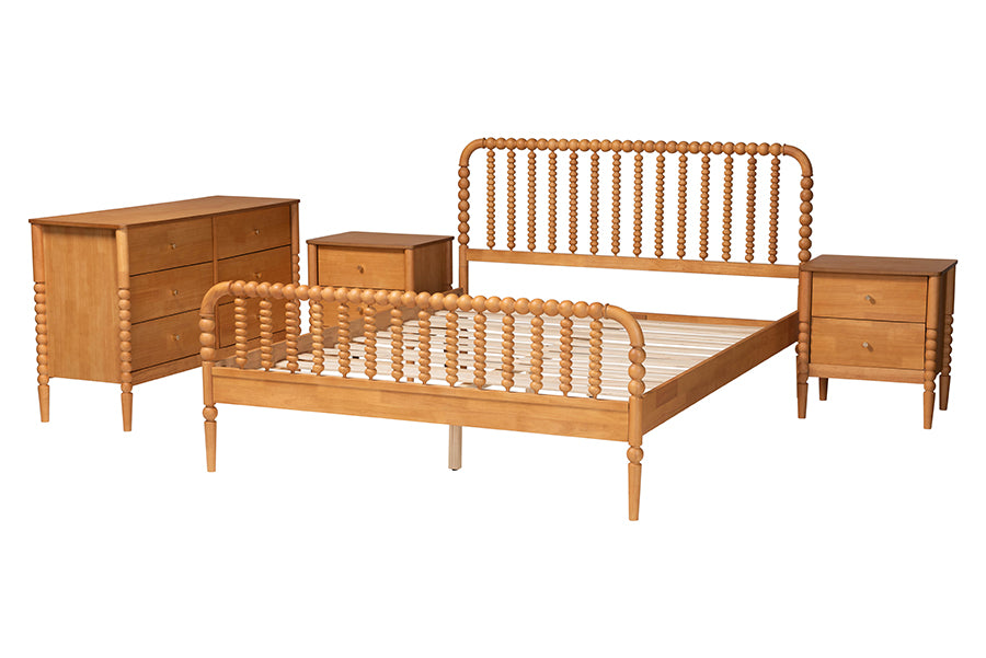 Lucera Mid-Century Oak Brown Queen Size 4-Piece Bobbin Bedroom Set