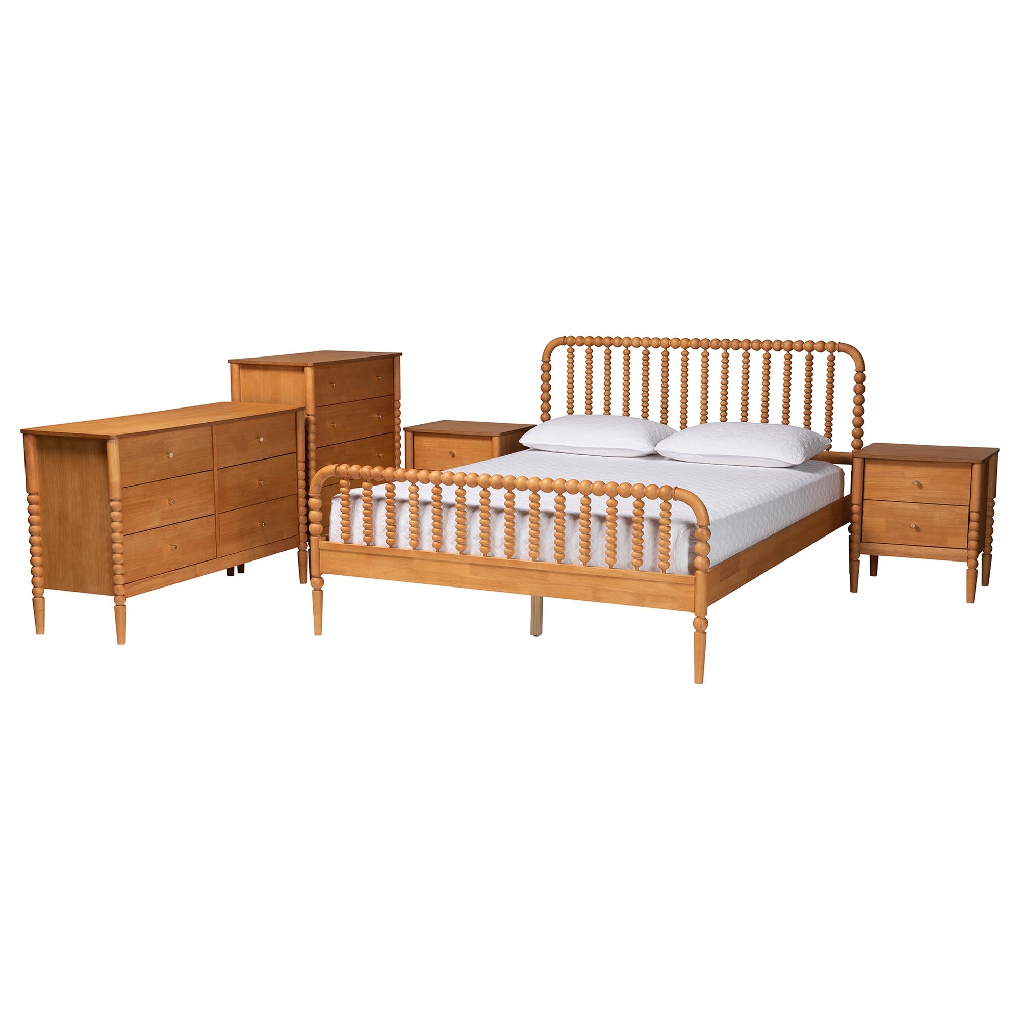 Lucera Mid-Century Oak Brown Queen Size 5-Piece Bobbin Bedroom Set
