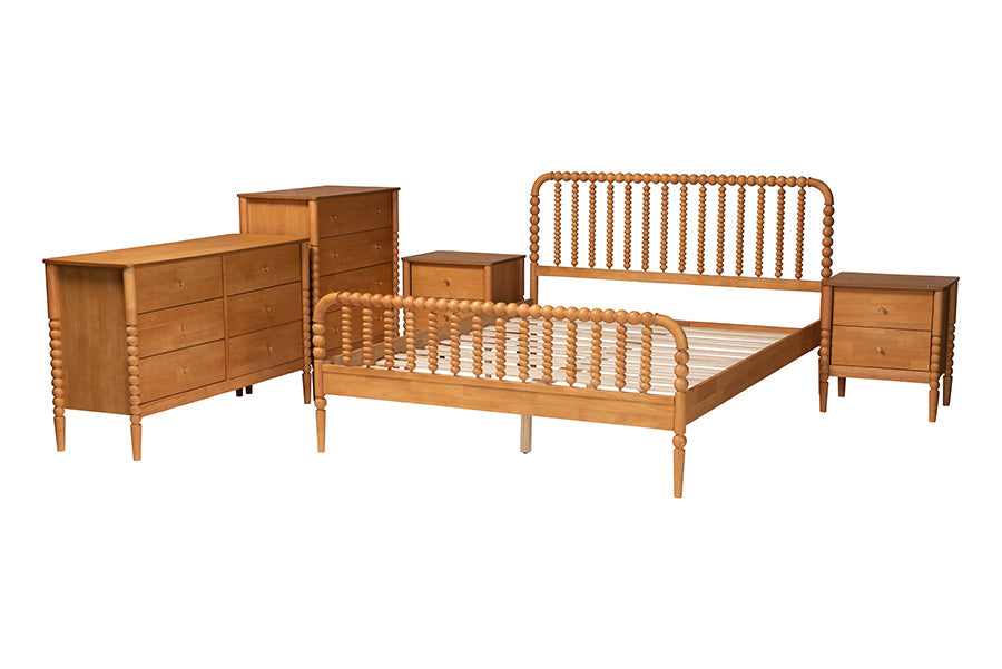 Lucera Mid-Century Oak Brown Queen Size 5-Piece Bobbin Bedroom Set