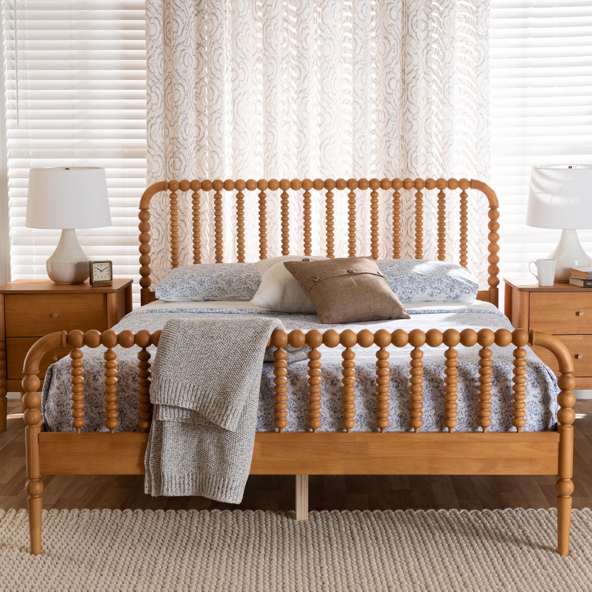 Lucera Mid-Century Oak Brown Queen Size Bobbin Bed