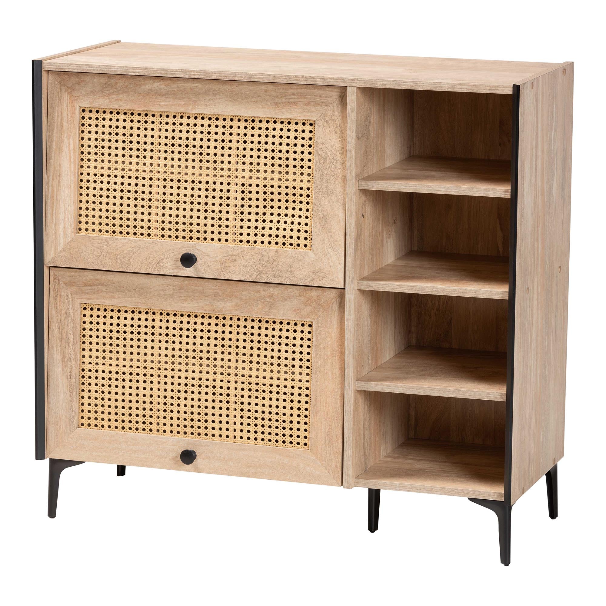 Malcolm Mid-Century Modern Oak Brown Wood Shoe Cabinet with Flipper Doors