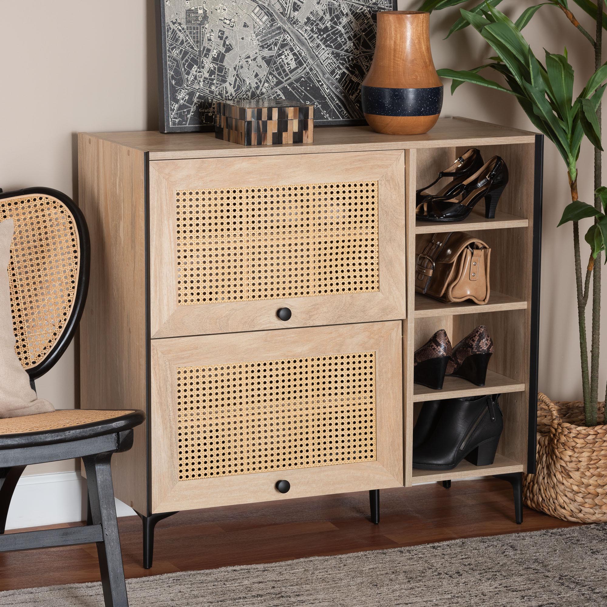 Malcolm Mid-Century Modern Oak Brown Wood Shoe Cabinet with Flipper Doors