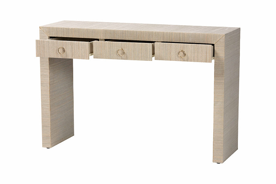 Cielo Bohemian Woven Natural Grasscloth 3-Drawer Console Table